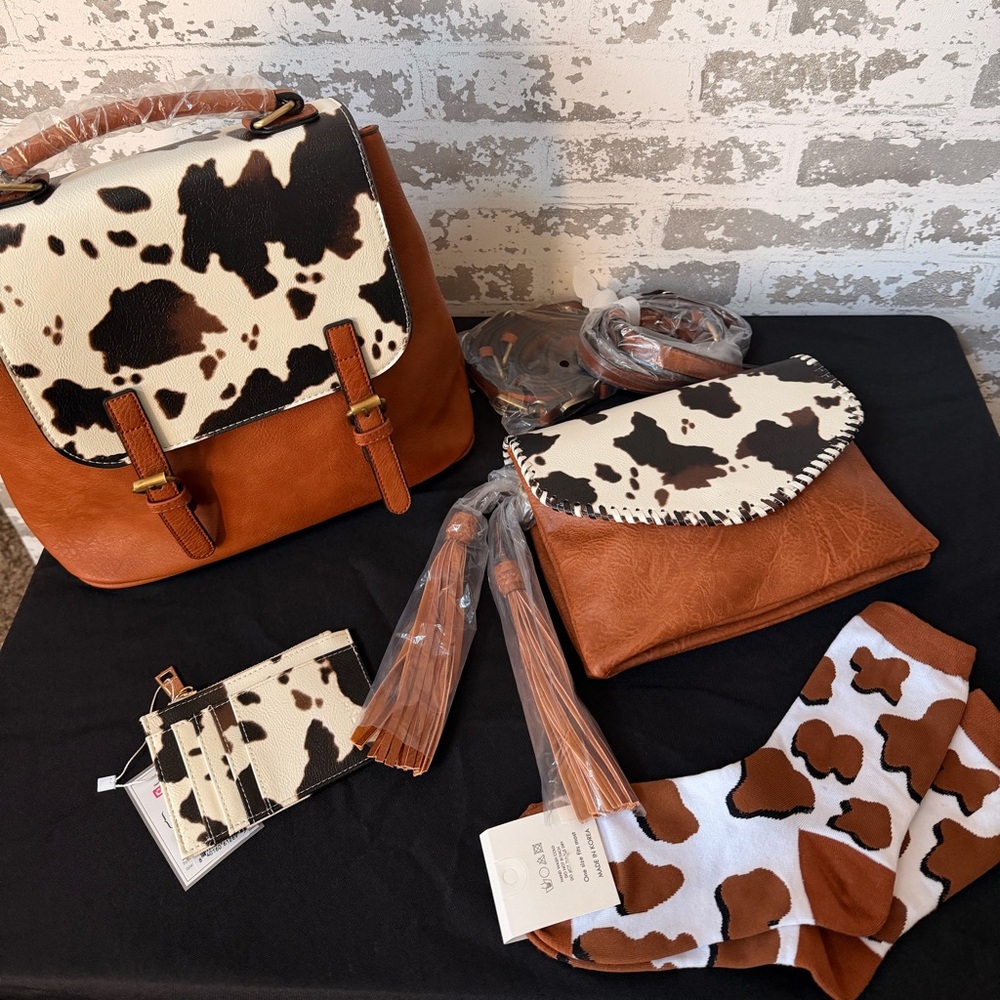 Cow Print and Brown Bag Set